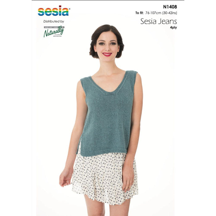 V-Neck Top Knitting Pattern (N1408) using Sesia Jeans 4ply yarn with a classic V-neck design.