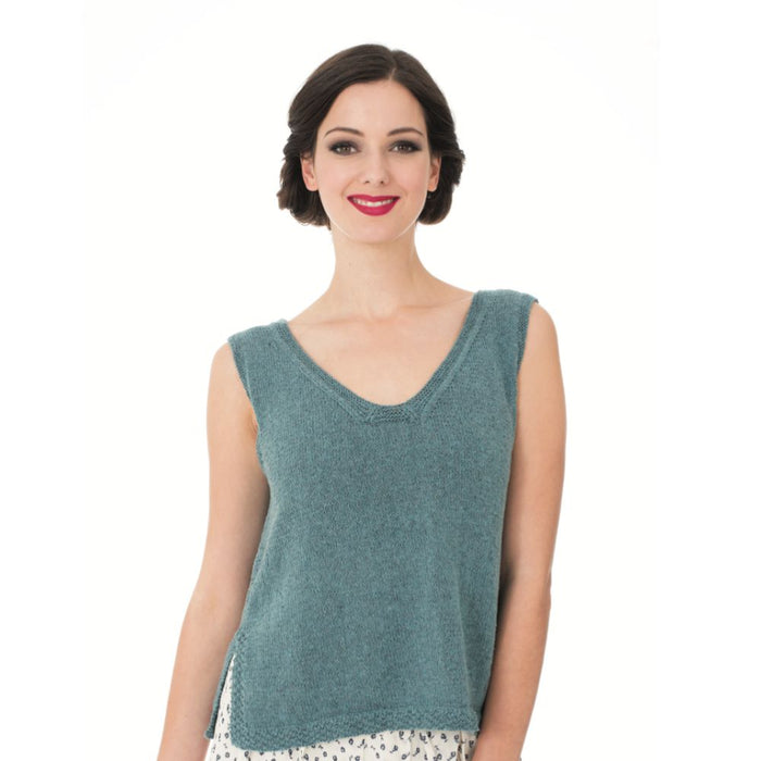 V-Neck Top Knitting Pattern in Sesia Jeans 4ply yarn, intermediate level, elegant design.