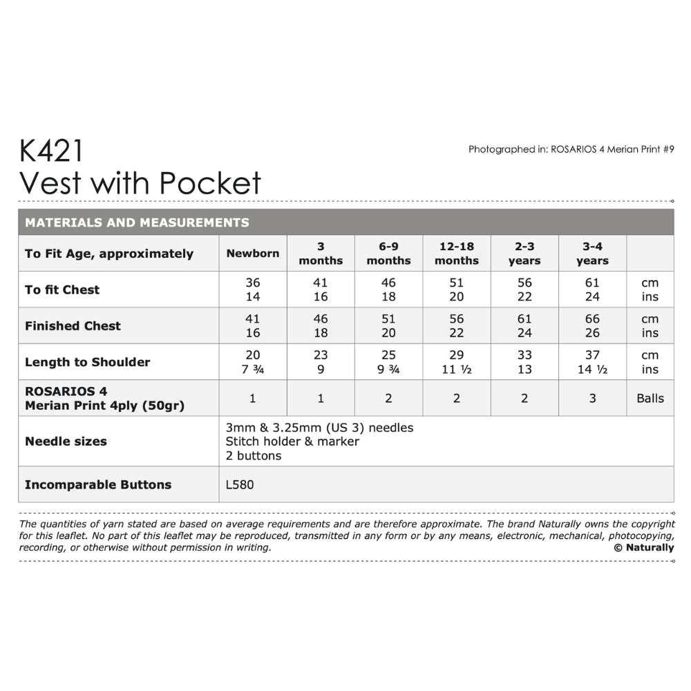 Vest with Pocket Knitting Pattern (K421)**-Needlecraft Patterns-Wentworth Distributors-Printed Pattern – Posted-Wild & Woolly Yarns