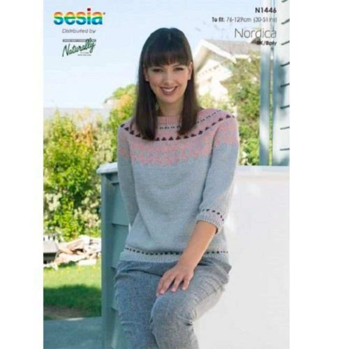 Yoke Sweater with 3/4 Length Sleeves Knitting Pattern (N1446)-Needlecraft Patterns-Wentworth Distributors-Printed-Wild & Woolly Yarns
