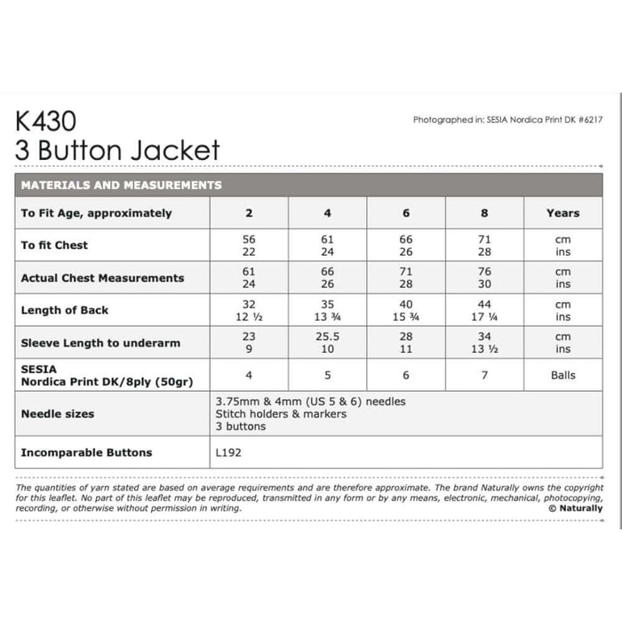 3 Button Jacket Knitting Pattern (K430)-Pattern-Wild and Woolly Yarns