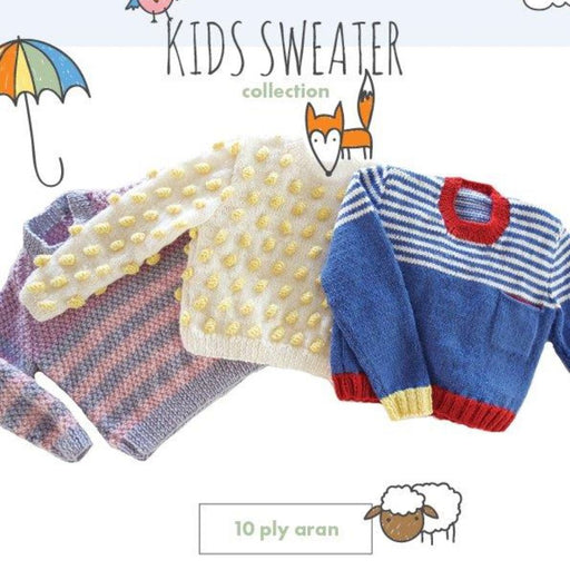 Knitting pattern for 3 kids sweaters using Crucci Aran 10ply wool, sizes 2-10 years.