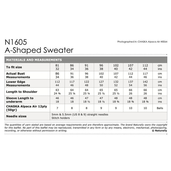 A-Shaped Sweater Knitting Pattern (N1605) - 12Ply-Pattern-Wild and Woolly Yarns