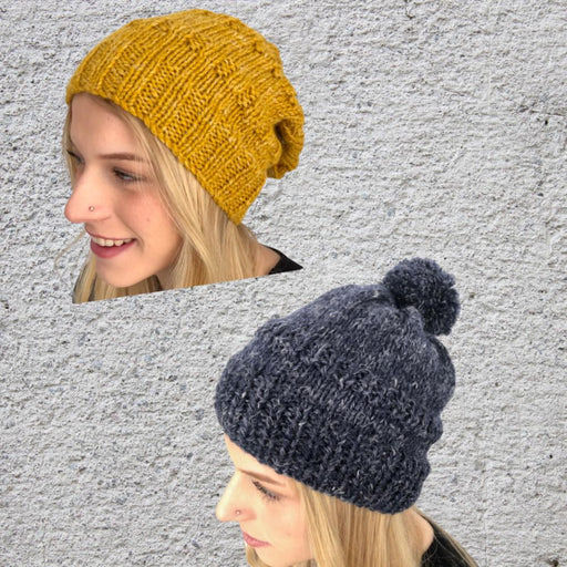 Beanie and slouch hat knitting pattern in yellow and gray designs on a textured background.