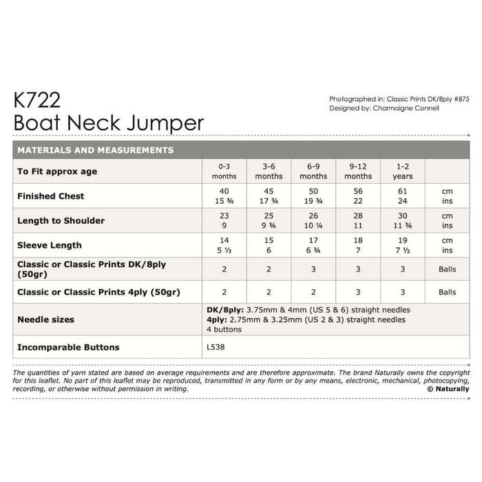 Boat Neck Jumper Knitting Pattern (K722)-Pattern-Wild and Woolly Yarns