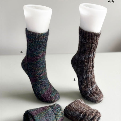 Cable Panel Socks Knitting Pattern with Intricate Designs in Naturally Omana Print 4ply Yarn.