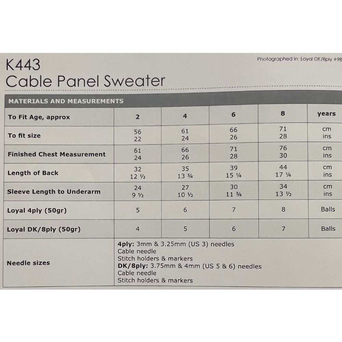 K443 Cable Panel Sweater knitting pattern chart for children's sizes 2-8 years.