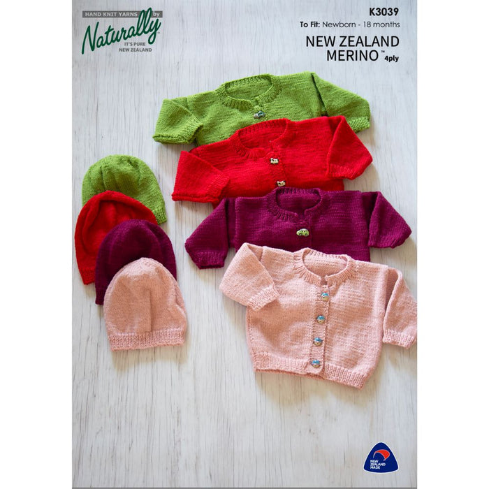 Cardigan and hat knitting pattern set for babies, featuring Naturally New Zealand Merino 4ply yarn.