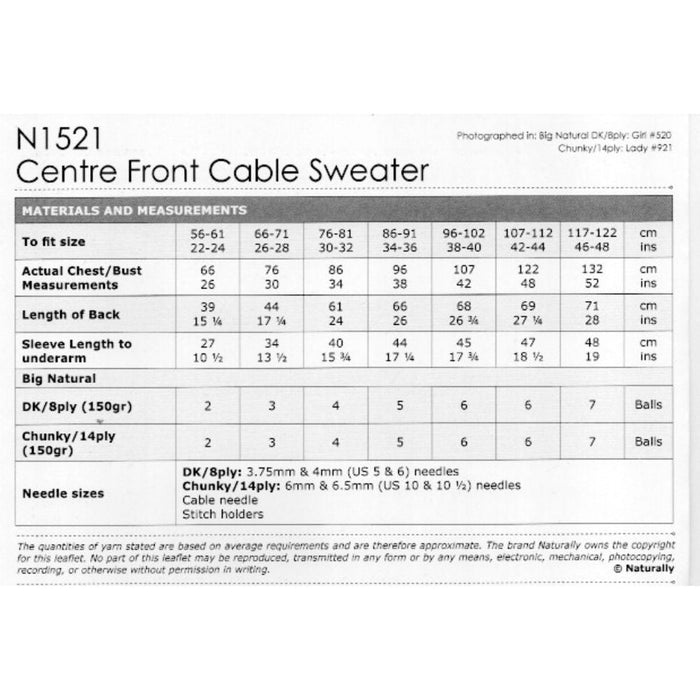 Centre Front Cable Sweater Knitting Pattern (N1521)-Pattern-Wild and Woolly Yarns