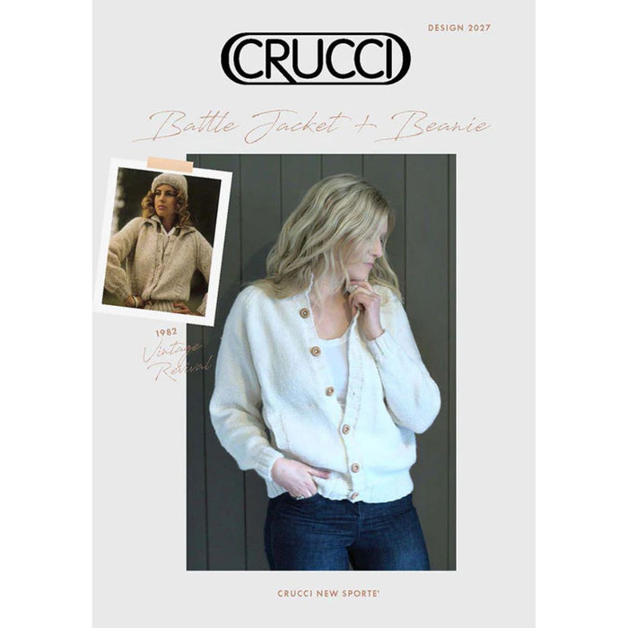 Chunky Battle Jacket & Beanie Knitting Pattern CRU2027 cover featuring women's knitwear design.