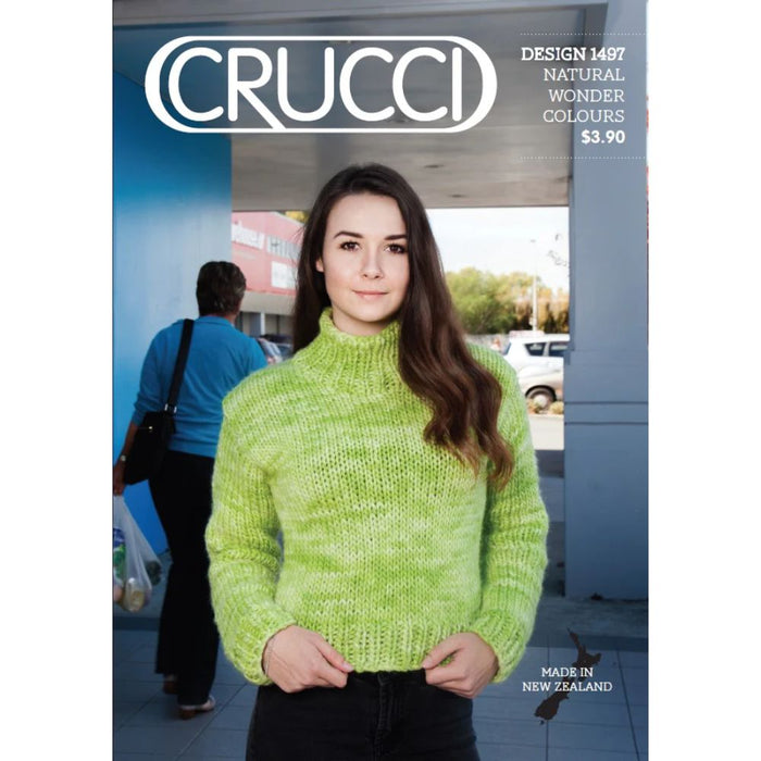 Woman wearing a chunky polo neck sweater in green, using knitting pattern CRU1497.