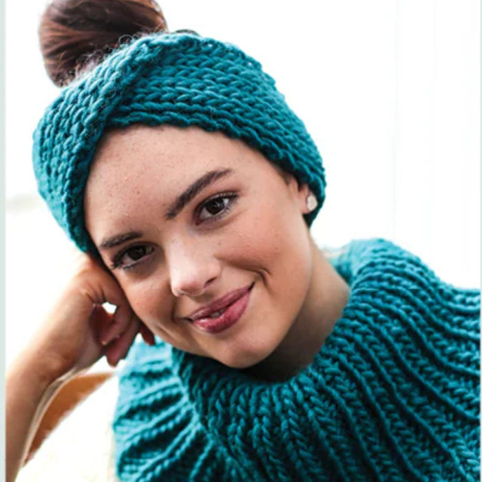 Cowl and headband knitting pattern using Crucci Natural Wonder Artisan yarn, featuring cozy ribbed texture.