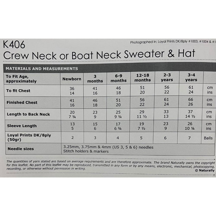 Crew Neck or Boat Neck Sweater & Hat Knitting Pattern (K406)-Pattern-Wild and Woolly Yarns
