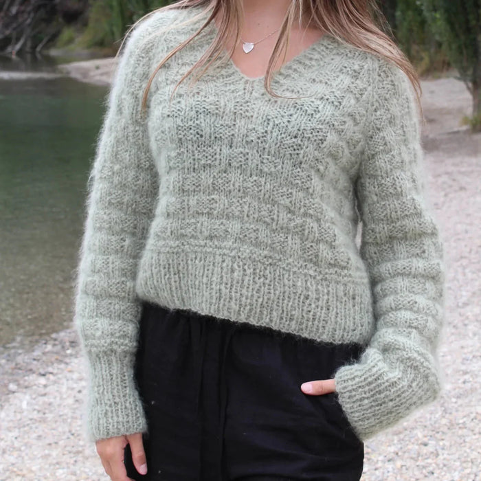 Basket Weave Stitch V Neck Jumper Knitting Pattern made with 12Ply Mohair.