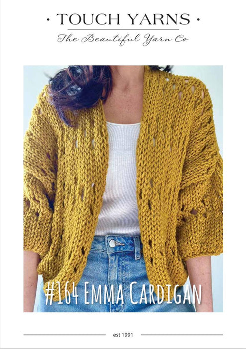 Cozy Emma Cardigan in mustard yellow, showcasing eyelet details and three-quarter sleeves; perfect knitting pattern for slouchy comfort.