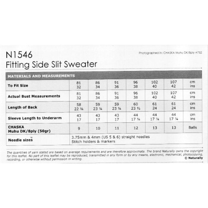 Fitting Side Slit Sweater Knitting Pattern (N1546)-Pattern-Wild and Woolly Yarns