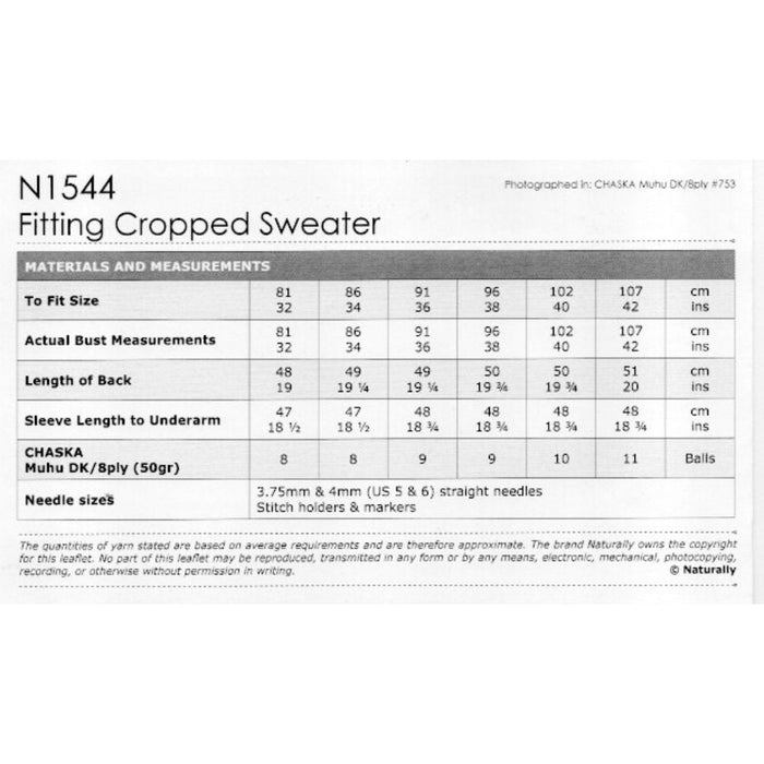 Fitting cropped Sweater Knitting Pattern (N1544)-Pattern-Wild and Woolly Yarns