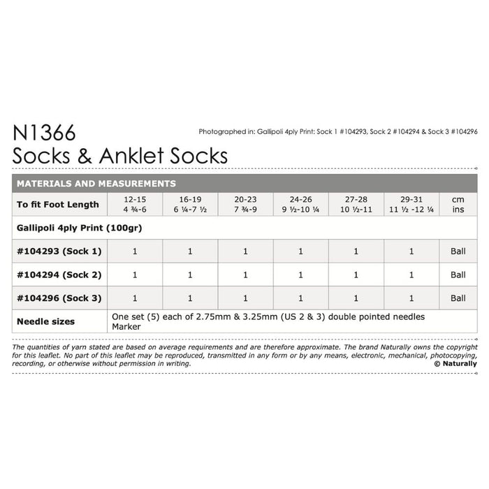 Gallipoli Socks & Anklet Socks Knitting Pattern (N1366)-Pattern-Wild and Woolly Yarns