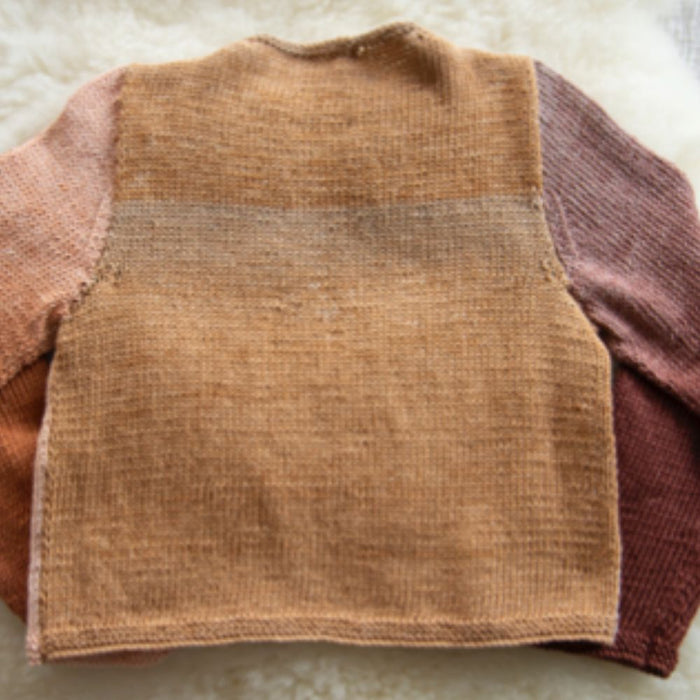 Girls' cardigan with multicolored back in stocking stitch, featuring garter stitch borders for a classic design knitted from Sesia Iride 4ply yarn.