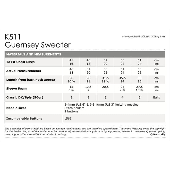 Guernsey Sweater Knitting Pattern (K511)-Pattern-Wild and Woolly Yarns