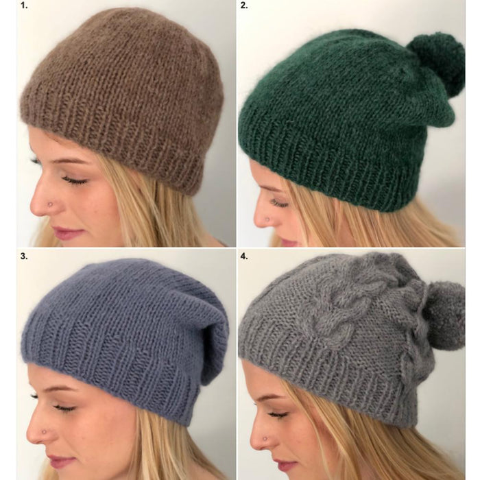 Hats Collection Knitting Pattern N1745 featuring beanie, pom-pom hat, slouch hat, and cable pom-pom hat in Alpaca Air 12ply yarn.