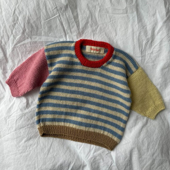 Striped baby sweater with colorful sleeves and neck, knitting pattern by PetiteKnit.