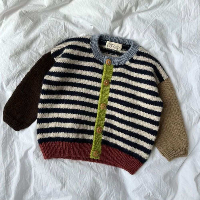 Striped children's cardigan knitting pattern by PetiteKnit with multicolor sleeves and button placket.