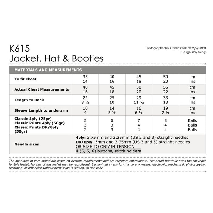 Jacket, Hat & Booties Knitting Pattern (K615)-Pattern-Wild and Woolly Yarns