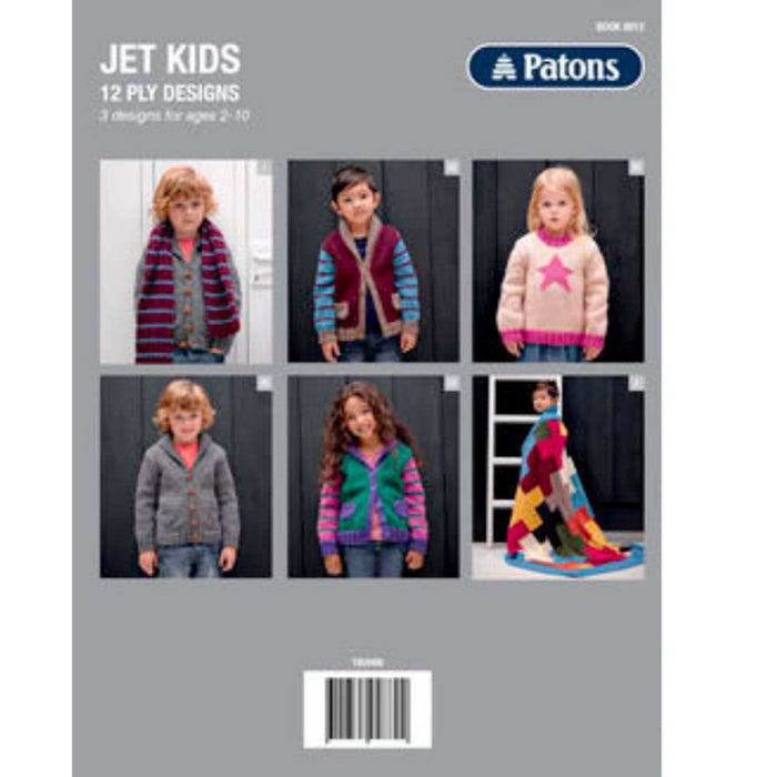 Jet Kids 12Ply Designs Pattern Book featuring knitting patterns for kids aged 2-10, including scarf, jumper, cardigan, and blanket.