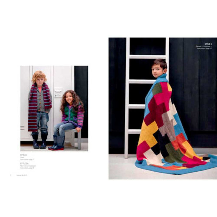 Children's knitwear designs from Jet Kids 12Ply Designs Pattern Book 8012, featuring a scarf, jumper, and blanket.