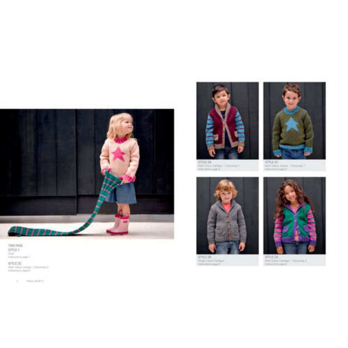 Knitting pattern book for kids featuring 12ply scarf, jumper, cardigan, and blanket designs for ages 2-10.