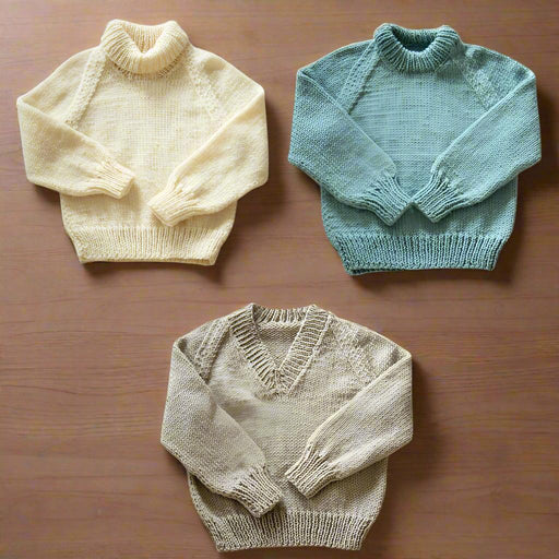 Children's jumper knitting patterns with raglan sleeves and different necklines in pastel colors.