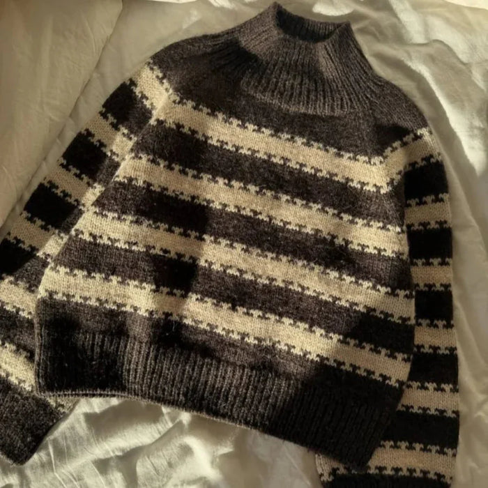 Striped Key Sweater knitting pattern by PetiteKnit, featuring top-down raglan design and ribbed edges.