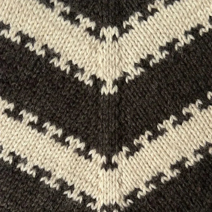 Close-up of the two-color stripe pattern in the Key Sweater knitting pattern by PetiteKnit.