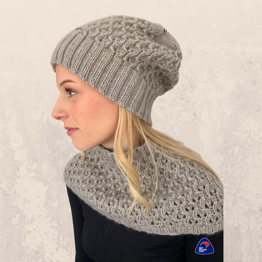 Lace cowl and beanie knitting pattern in grey Possum Fusion DK yarn.