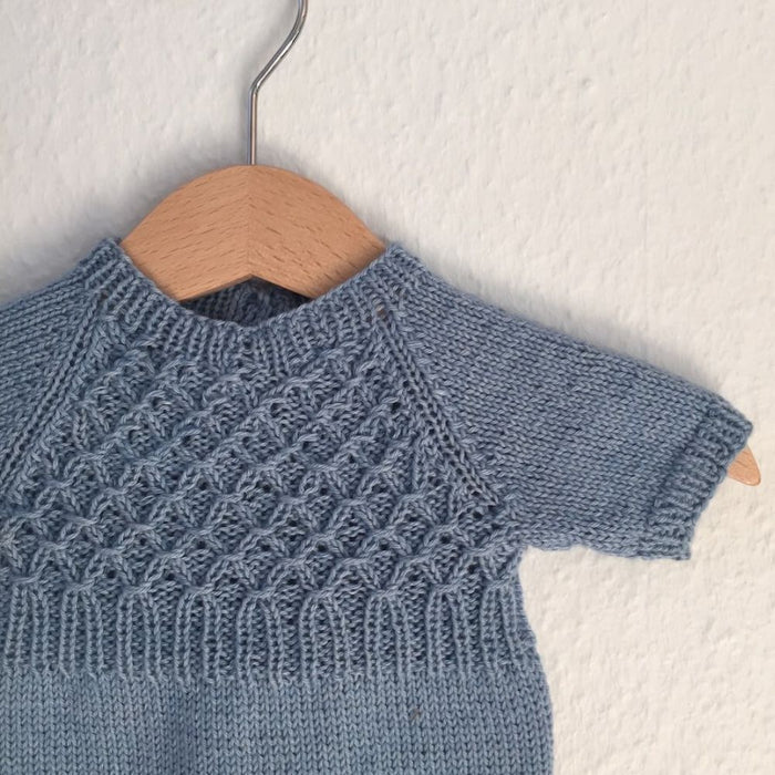 Milla's Summer Suit Knitting Pattern by PetiteKnit, vintage-inspired baby knitwear, smocking stitch, bottom-up design.