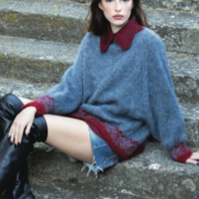 Mohair sweater featuring elegant Jacquard pattern knitted for an advanced knitting pattern project.