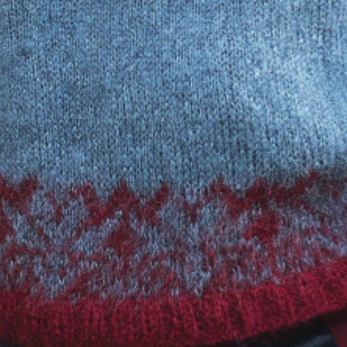 Mohair sweater with Jacquard knitting pattern, featuring light gray and burgundy colors.