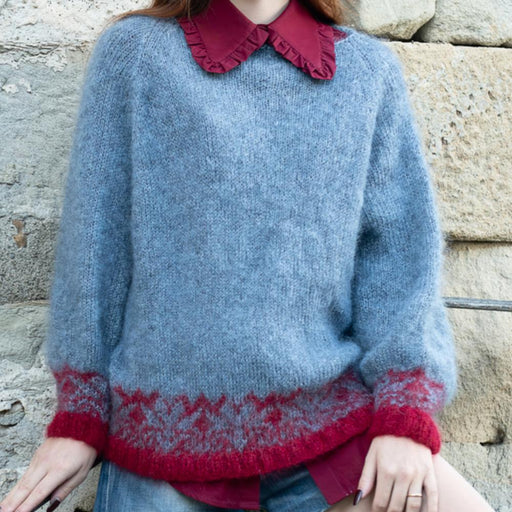 Mohair sweater with Jacquard pattern in light gray and burgundy, knitted using 12ply SESIA Eiffel yarn, showcasing seamless construction and modern fit.