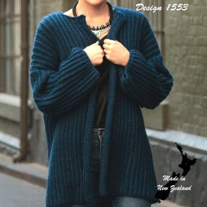 Oversized cardigan knitting pattern made with Sloppy Joe 14ply wool, design 1553, crafted in New Zealand.