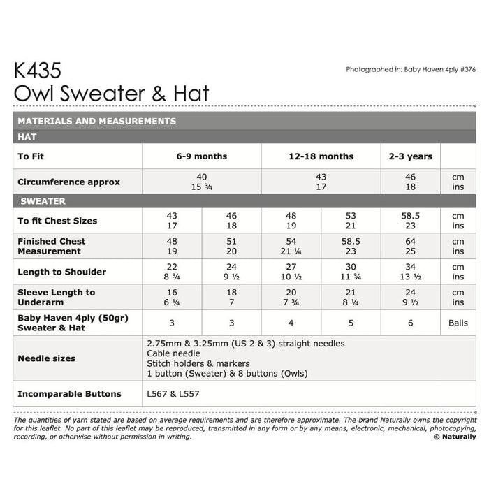 Owl Sweater & Hat Knitting Knitting Pattern (K435)-Pattern-Wild and Woolly Yarns
