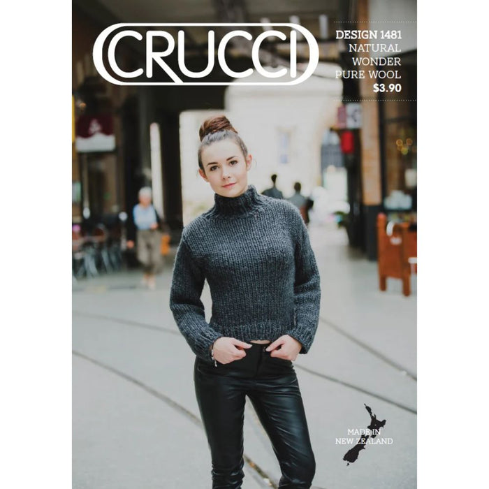 Knitting pattern for Crucci Natural Wonder sweater, featuring long sleeves and deep cowl design.
