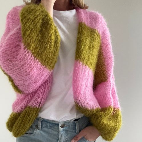 Piper Jacket Knitting Pattern in pink and green mohair, stylish and cozy cardigan design.