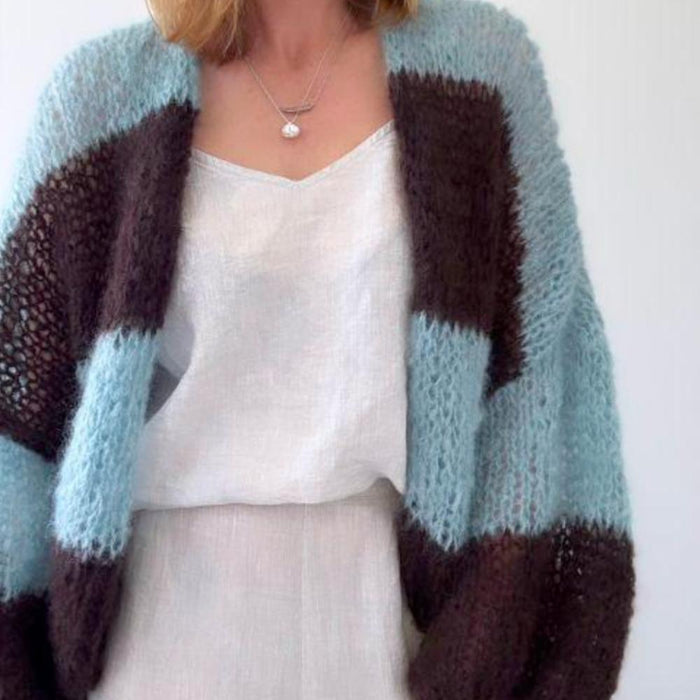 Knitted Piper Jacket in two-tone mohair stripes, showcasing a comfortable fit and stylish design.