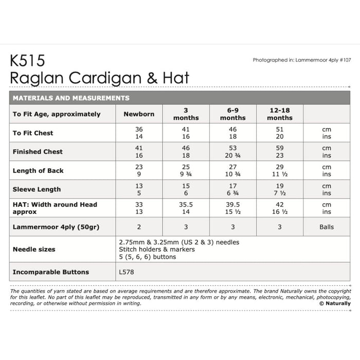 Raglan Cardigan & Hat Knitting Pattern (K515)-Pattern-Wild and Woolly Yarns