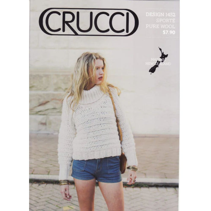 Roll collar sweater knitting pattern from Crucci, featuring high neck jumper design for 14 ply pure wool.