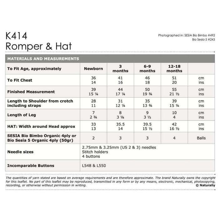 Romper and Hat Knitting Pattern (K414)-Pattern-Wild and Woolly Yarns