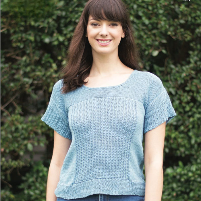 Short sleeve sweater knitting pattern using Sesia Jeans 4ply yarn.