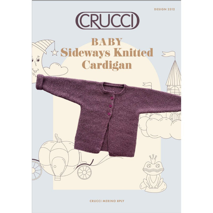Sideways knitted baby cardigan knitting pattern in Crucci Merino 8ply yarn, featuring buttoned front and fold-back cuffs.