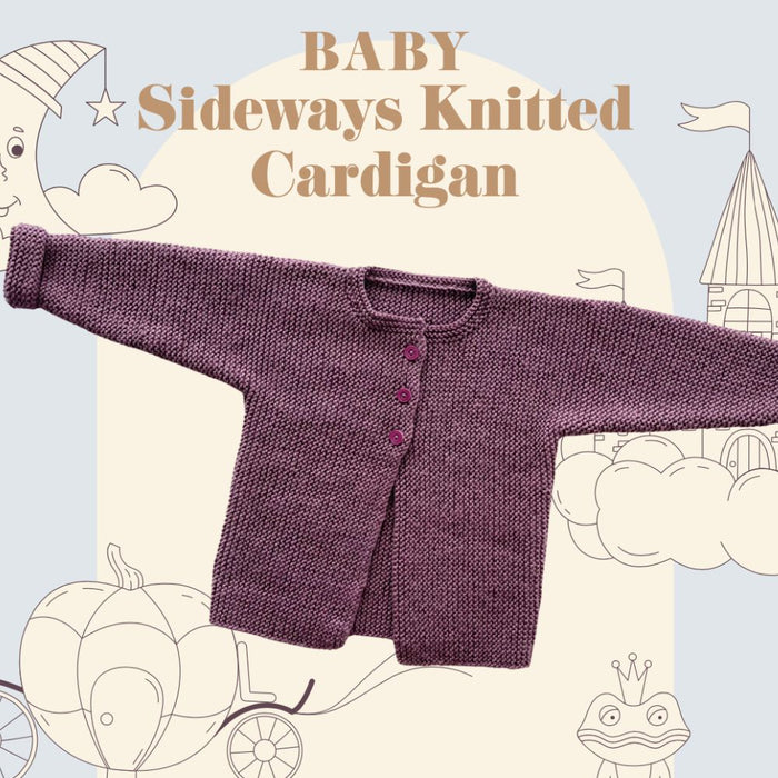 Sideways knitted baby cardigan knitting pattern in purple, featuring buttoned front and garter stitch.
